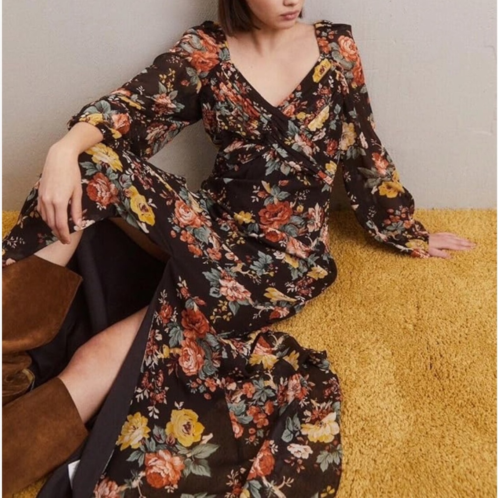 Veronica Beard Avani Brown Floral Silk Bias Cut Maxi Dress With Slit Euc